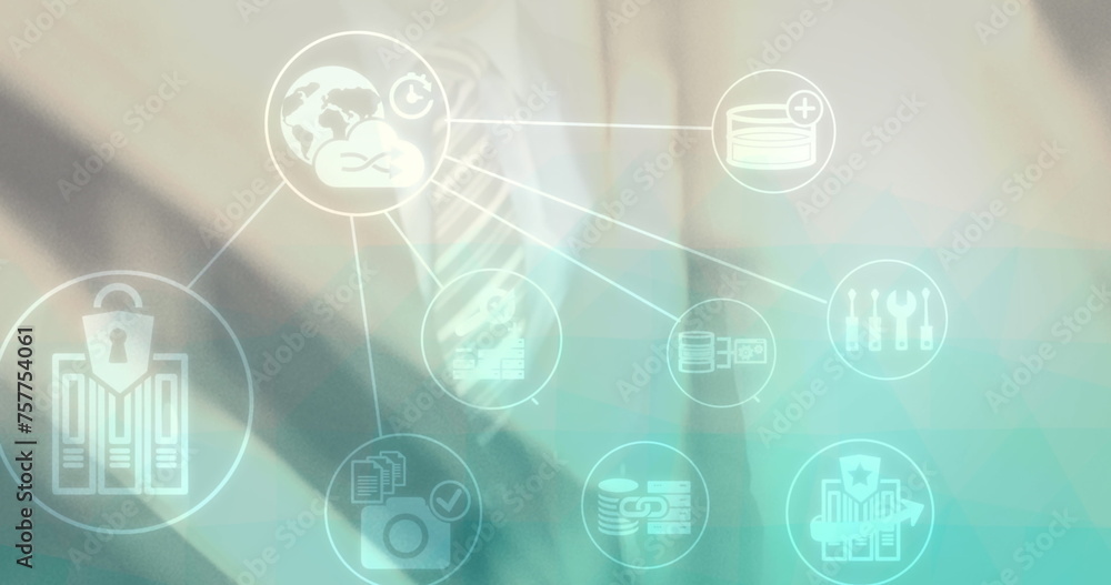 Poster image of networks of connections with digital icons over man touching screen
