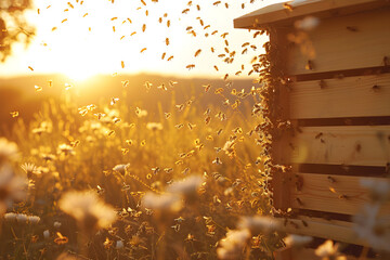 A swarm of bees flying around the hive at golden hour after a day of collecting nectar from flowers. - obrazy, fototapety, plakaty