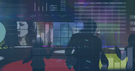 Image of financial data processing over people dancing