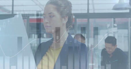 Image of financial data processing over business people