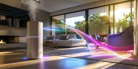 Air purifier in a modern home with colorful light trails