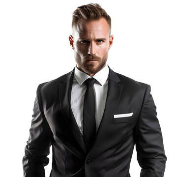 Portrait of a handsome man in a black suit isolated on transparent background