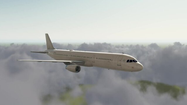 Flying aeroplane shots from different angles, plane closeup video shot 3d rendering, aircraft views from outside.