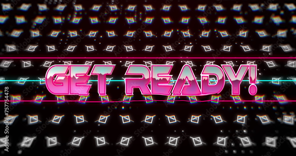 Poster image of get ready over black background with moving squares