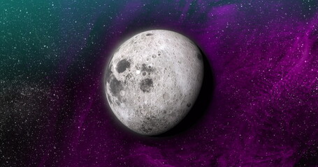 Naklejka premium Image of grey planet in green, purple and black space