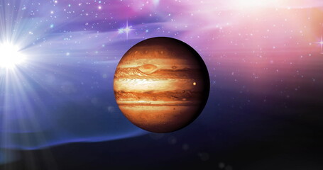 Image of brown planet in pink and blue space with stars