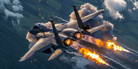 Fighter jet with explosion and smoke trails - obrazy, fototapety, plakaty