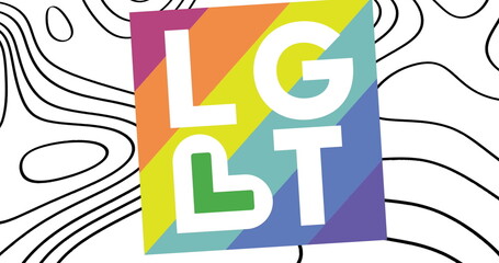 Image of lgbt over colorful square and white background with waves