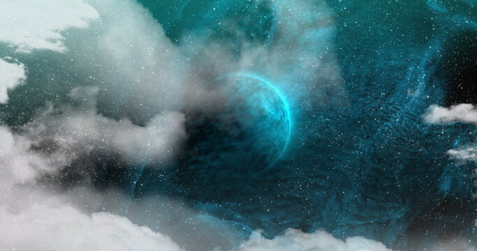 Naklejki Image of blue planet over sky and clouds