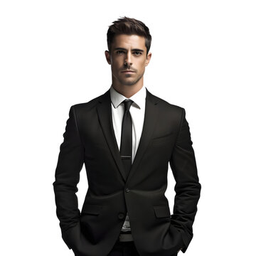 Elegant young handsome man in black suit on transparent background