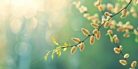 Birch tree Blossom. Vibrant birch tree Spring blossoms, buds on a twig, pollen allergy. - obrazy, fototapety, plakaty