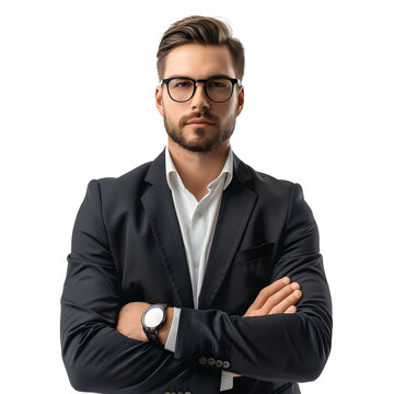 Portrait of handsome young man in suit and glasses isolated over transparent background