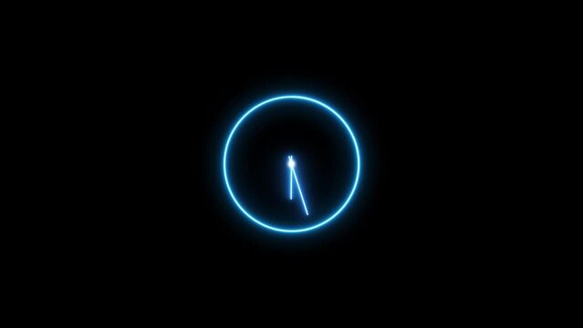 Abstract neon wall clock icon animation on black background.