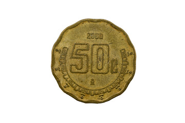 Moneda mexicana de 50 centavos de 2000. Fueron acuñadas desde 1992 - 2009.