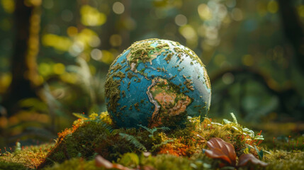 A detailed miniature globe of Earth resting on a bed of moss and ferns in a verdant forest, symbolizing nature and ecology.