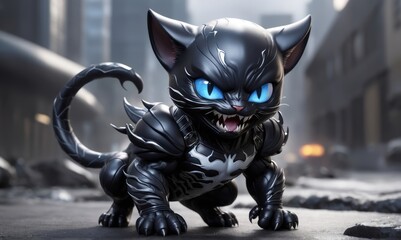 cat fearless and full body storm armour fully consumed by black symbiote - obrazy, fototapety, plakaty