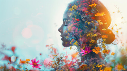 Artistic double exposure image blending a woman's profile with vibrant wildflowers against a bright, ethereal backdrop. - obrazy, fototapety, plakaty
