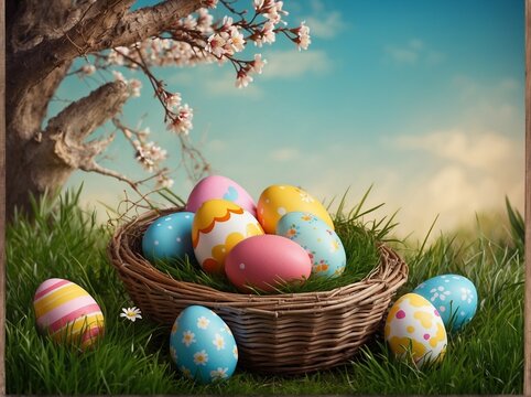 Easter Egg Hunt Scene with Basket on Grass, Realistic Style, Celebration Concept - Outdoor Banner Design with Copy Space