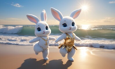  two rabbit sun and the azure canvas of the sky above the rabbit dancing form remains fleeting in front of the wave