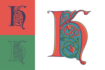 Letter K initial with trailing vines of thistle plant. Medieval blackletter drop cap based on Bohemian manuscript. Romanesque style dim colors illuminated emblem. Decorative wax seal monogram logo.