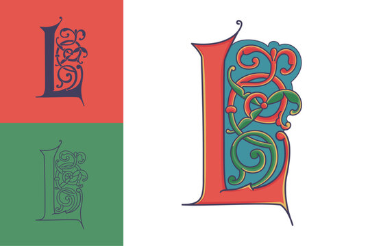 Letter B initial with trailing vines of thistle plant. Medieval blackletter drop cap based on Bohemian manuscript. Romanesque style dim colors illuminated emblem. Decorative wax seal monogram logo.