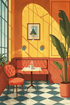 A retro-inspired drawing wall print in the cinematic mid-century modern style