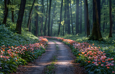 A scenic road winding through a beautiful flower garden in the forest, blooming with colorful flora.