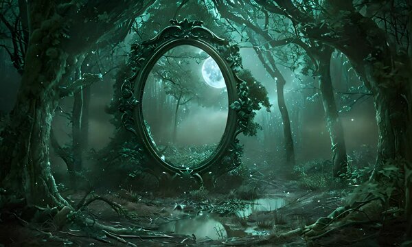 Mirror in a mystical forest reflecting the moon. The concept of fantasy and magic.