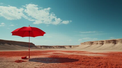 Red umbrella in desert landscape