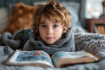 Enchanted Little Reader Lost in a World of Fantasy and Fairy Tales During World Book Day, Cozy and Wrapped in Warmth at Home

