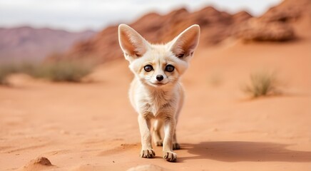 Adorable little fennec fox strolling in a desert