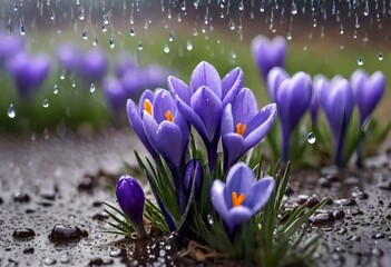 Spring flowers of blue crocuses in drops of water on the background of tracks of rain drops
spring...