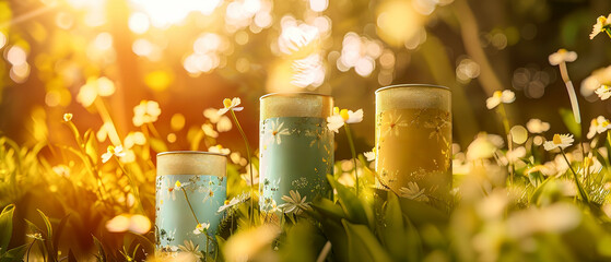 Three tall glasses of different colors are sitting in a field of flowers, peaceful and serene - Powered by Adobe