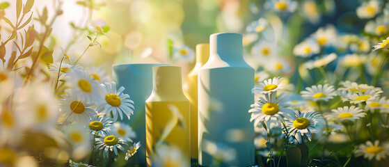 A mock up vase of flowers is surrounded by a field of yellow and white daisies