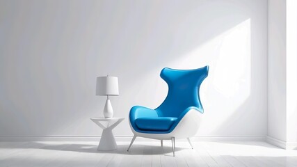 Futuristic neon blue armchair in modern room with white wall background illustration.