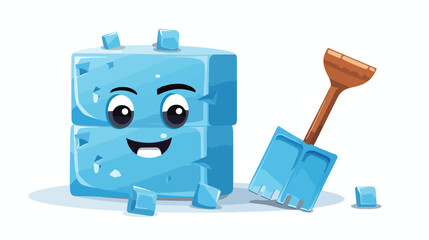 Ice cube character with trowel and bricks 