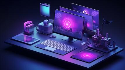 Realistic depiction of an isometric computer technology scene, featuring a sleek desktop, laptop, and phone arrangement, showcasing design elements and a development environment