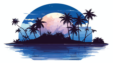 Island in the ocean with palm trees under the moon