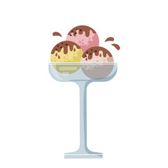 Scoops of ice cream in a bowl. Tasty dessert with a chocolate in a glass isolated on a white background.