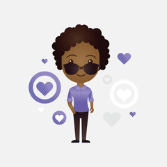 Cute African American cartoon girl with heart symbol on isolated background
