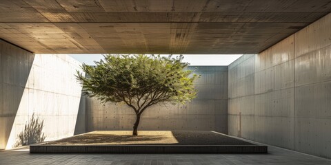 Solitary tree under a modern concrete structure