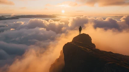Fototapeten Traveler on cliff over clouds exploring sunset Segla mountain alone hiking adventure journey outdoor Norway vacations traveling lifestyle weekend getaway  © PSCL RDL
