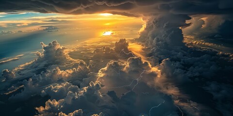 An aerial view of a dramatic thunderstorm over the ocean with lightning and sun rays.