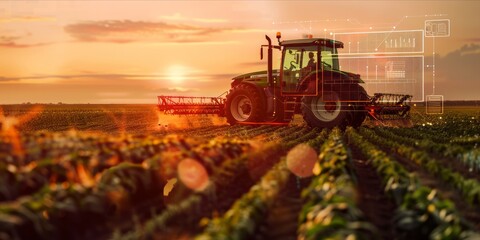 Modern tractor in a field with futuristic agriculture technology interface at sunset.