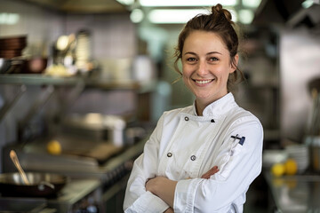 Smiling attractive female chef posing at her place of work