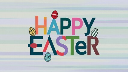Flat style text "Happy Easter" with easter eggs illustration.