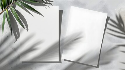 two vertical sheets of textured white paper on soft gray table background. Mockup overlay with the plant shadows. Natural light casts shadows from an exotic plant. - obrazy, fototapety, plakaty