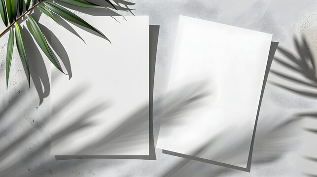 two vertical sheets of textured white paper on soft gray table background. Mockup overlay with the plant shadows. Natural light casts shadows from an exotic plant.