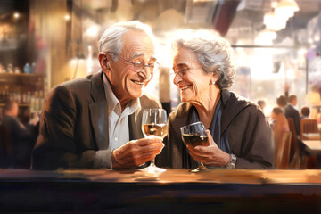 Fototapeta na wymiar Elderly Couple Enjoying a Glass of Wine Together at a Table