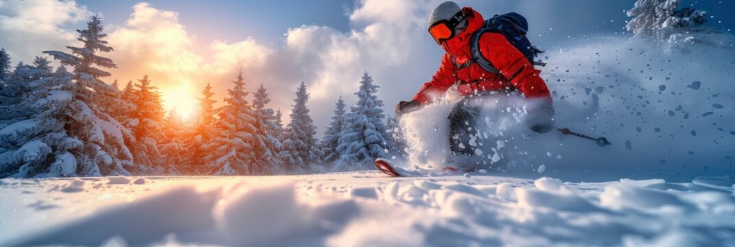 Young Man Having Fun While Snowshoeing, Background Banner HD